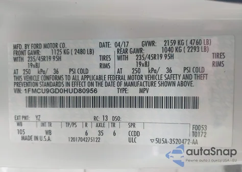 2017 Ford Escape Se из США, поврежденный, VIN 1FMCU9GD0HUD80956